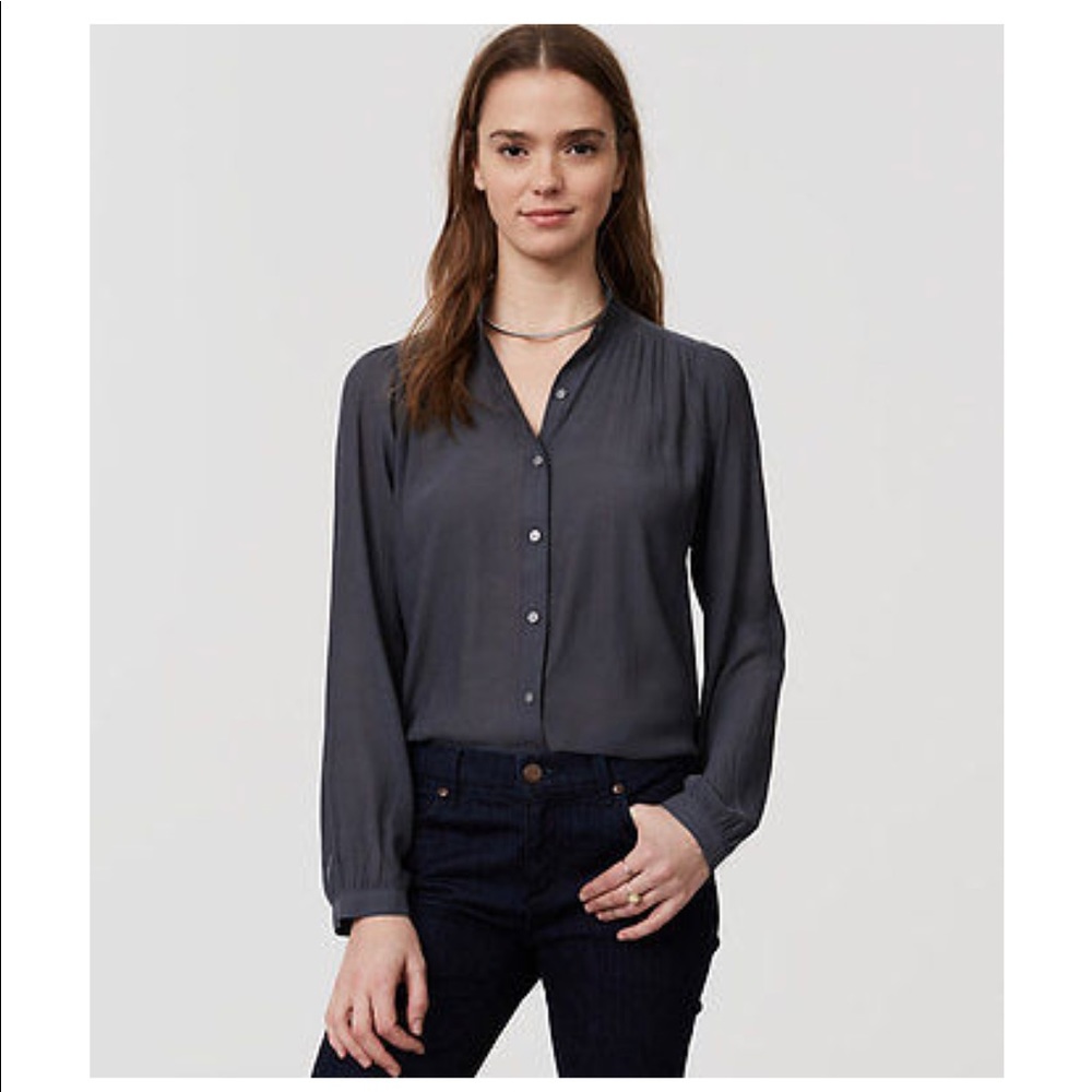 LOFT Ruffle Neck Grey Chiffon Button Down Blouse